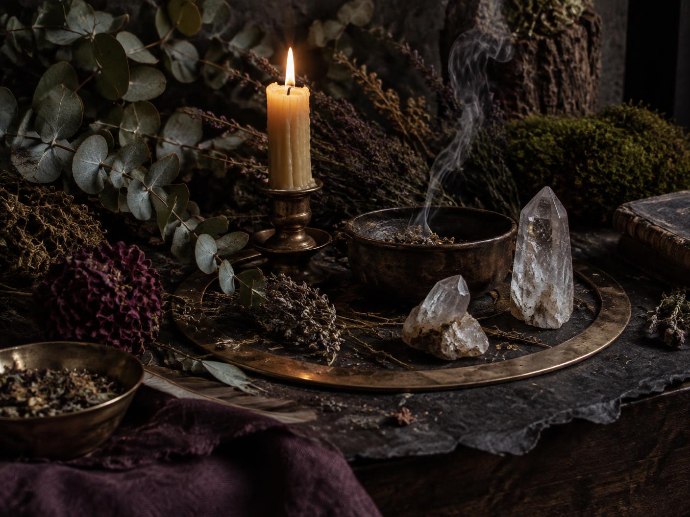 Ervas, eucalipto, velas e cristais em uma composição ritual