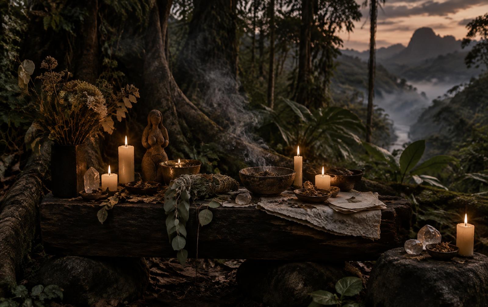 Altar ritualístico entre árvores de uma floresta profunda
