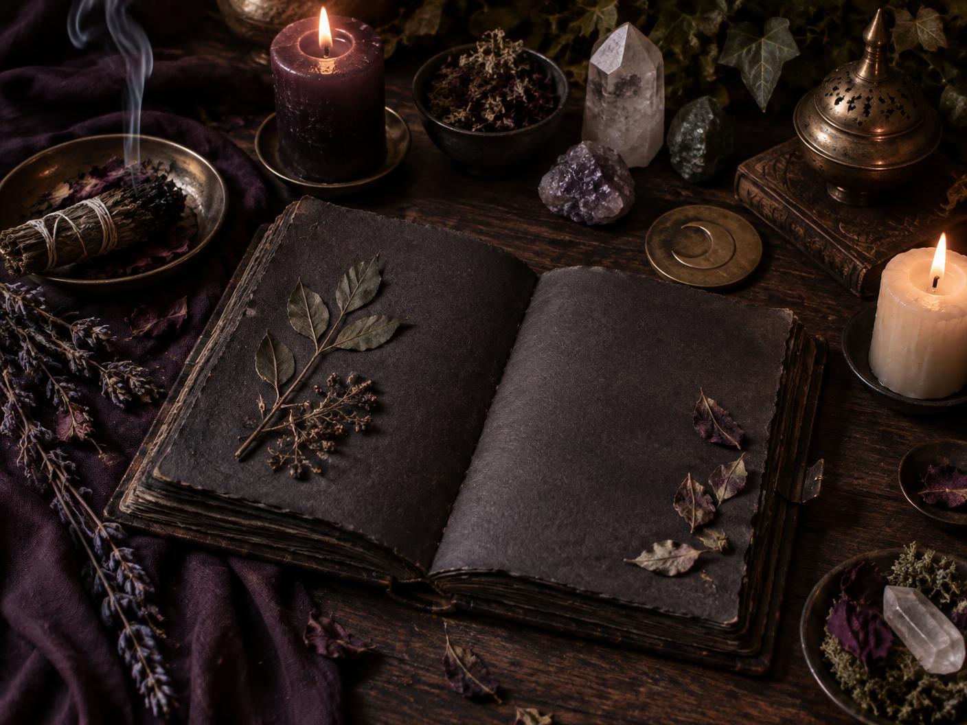 Grimório de papel artesanal entre folhas, cristais e velas